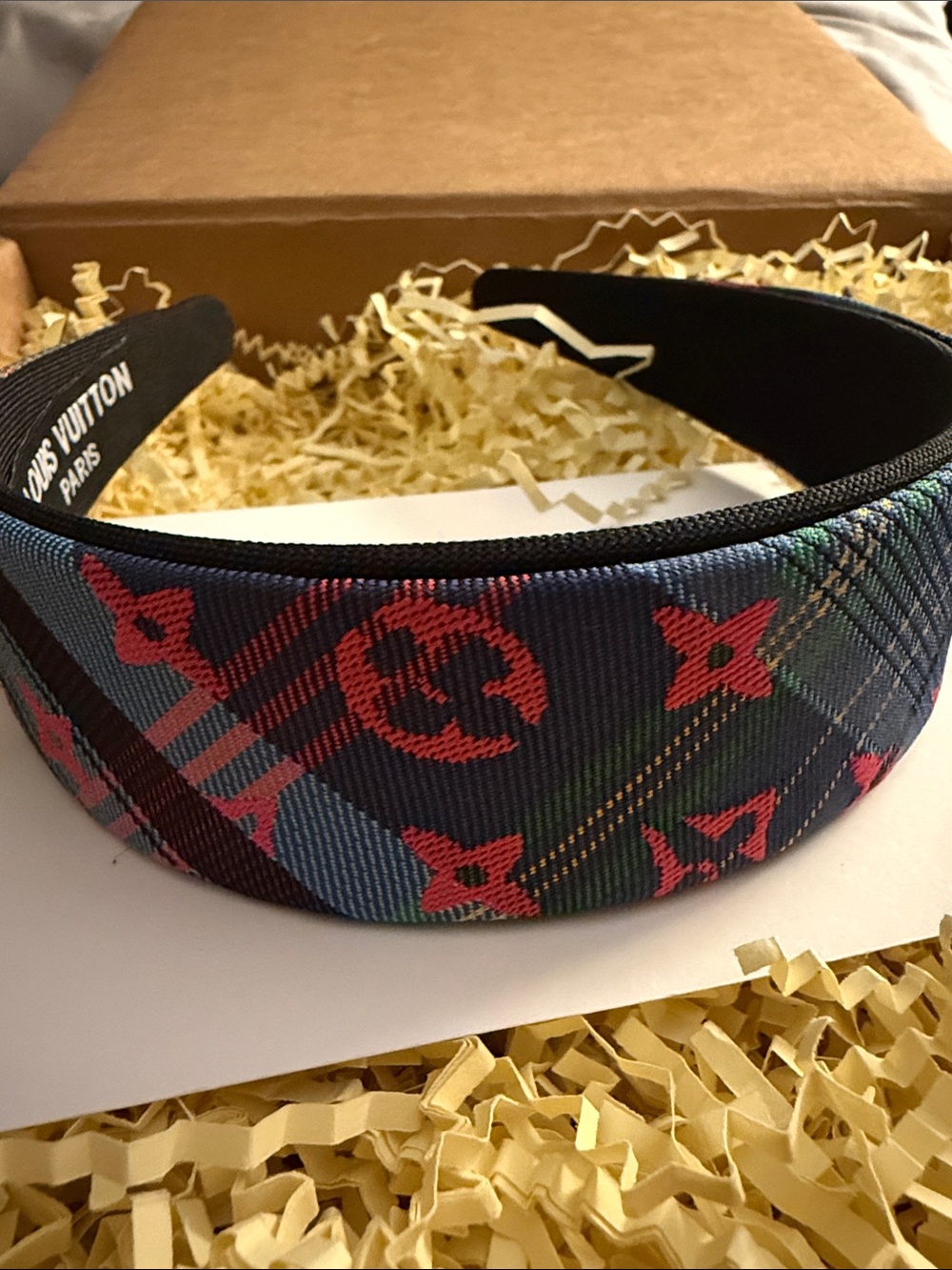 Navy Multicolor Plaid Headband with Red Motifs